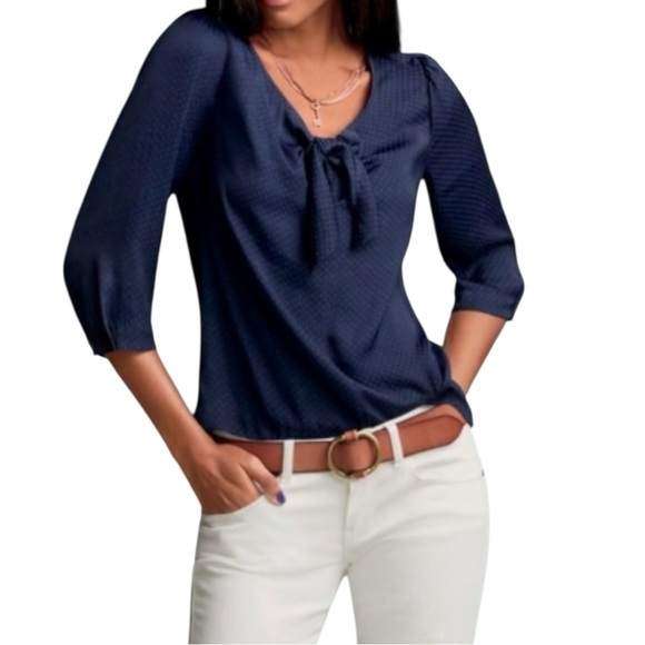 Cabi Women’s Navy Blue Knot‎ Bow Tie Neck 3/4 Sleeve Blouse  Sz S - Picture 1 of 9